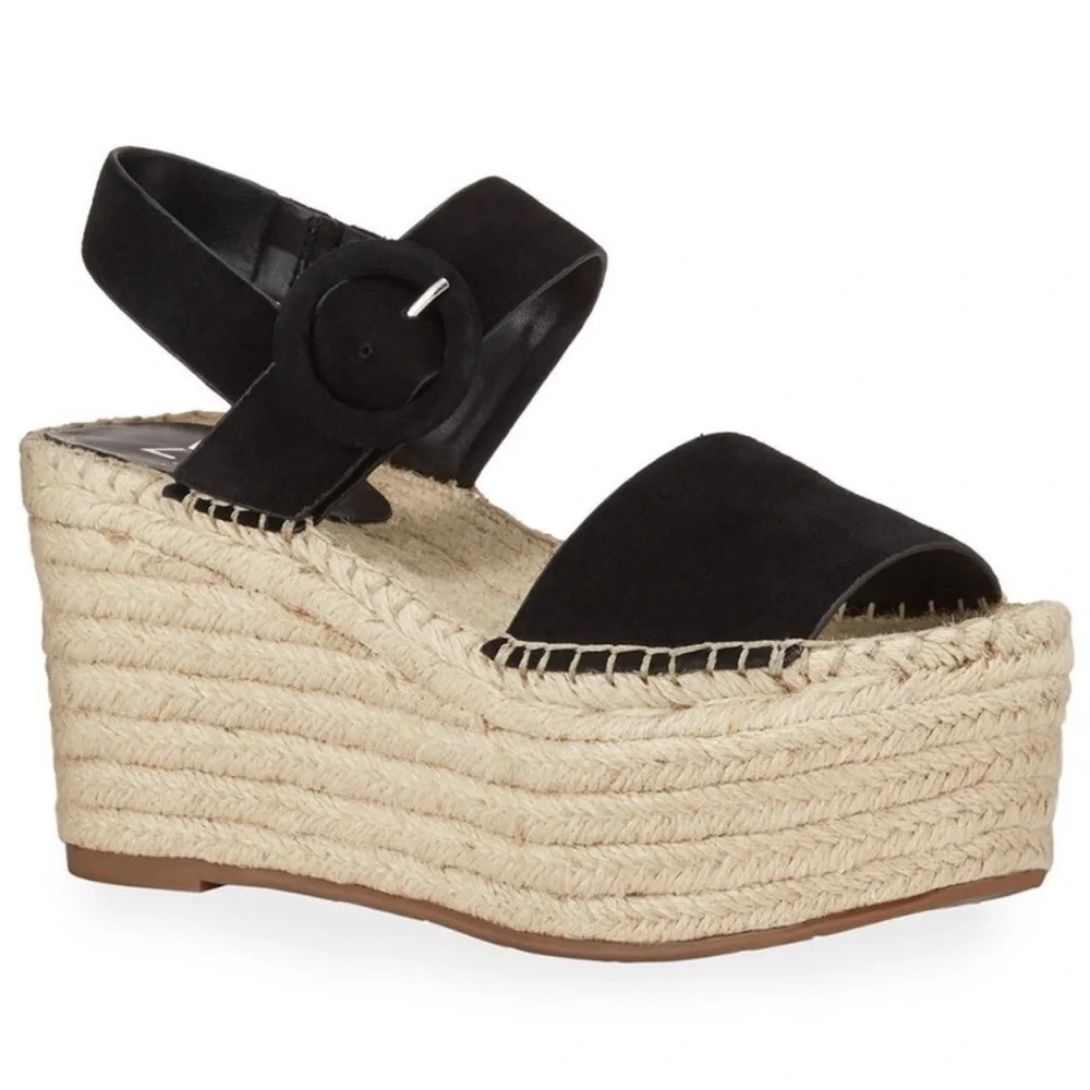 Marc Fisher Black Suede Espadrille Platform Sandal Wedges - Picture 1 of 7